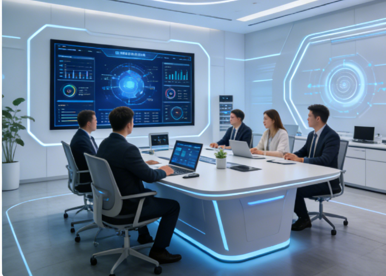 现代化办公环境，宽敞明亮的会议室，员工正在讨论项目方案，蓝色背景，自然光线